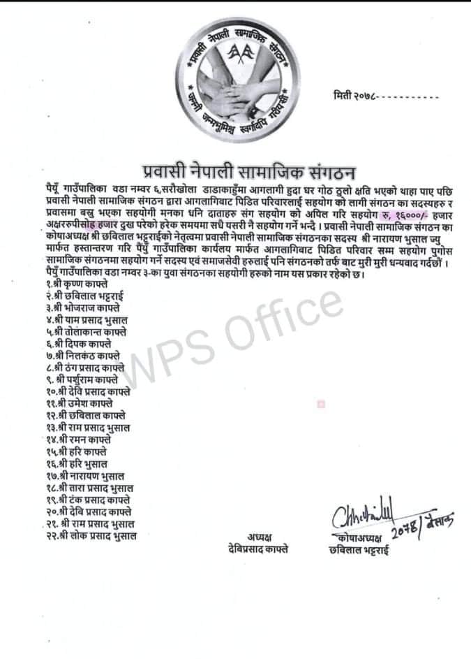 प्रवासी समाजद्धारा डाँडाकाहुँका अग्नि पीडितलाई सहयोग प्रदान