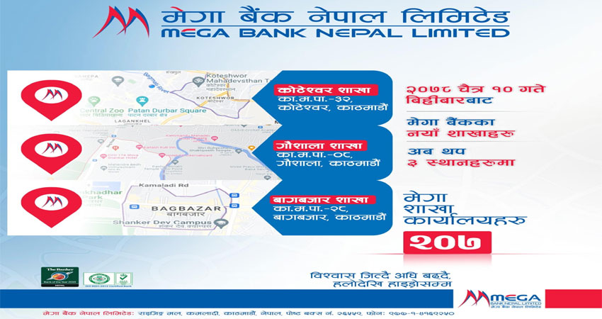 मेगा बैंकद्वारा एकैदिन तीनवटा शाखा विस्तार