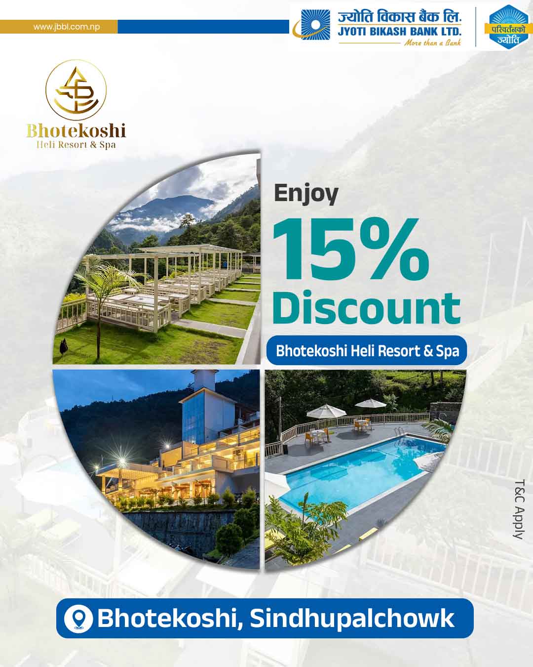 ज्योति विकास बैंकका ग्राहकहरुलाई “Bhotekoshi Heli Resort and Spa Pvt. Ltd” मा विशेष छुट