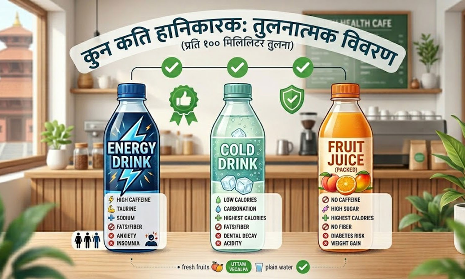 इनर्जी ड्रिङस, कोल्ड ड्रिङस र जूस मध्ये कुन पिउनु स्वास्थाको लागि उपयुक्त ?