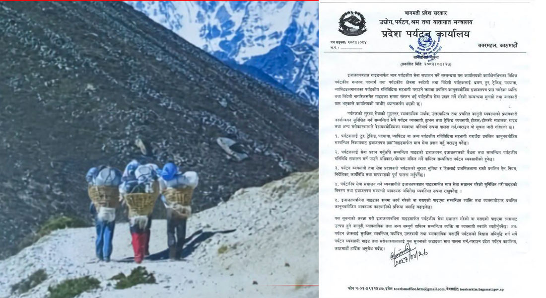 इजाजतपत्रप्राप्त गाइडमार्फत मात्र पर्यटकीय सेवा सञ्चालन गर्न निर्देशन